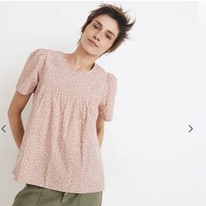 Madewell Parisian Ditsy Short Sleeve Pintuck Pull On Blouse Dusty Pink SZ M